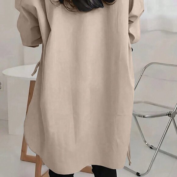 Khaki Casual Women's Solid Drop Shoulder Split Hem Shirt - Picture 2 of 5